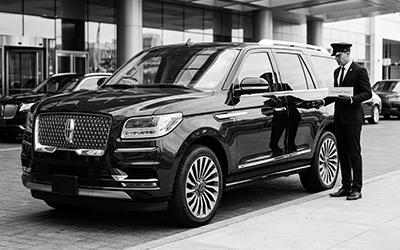 Professional private uniform chauffeur opening the door of a luxury livery vehicle in Edmonton
